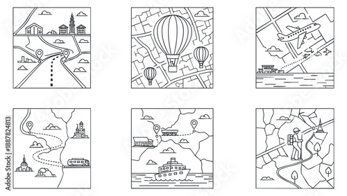 A collection of travel and navigation illustrations including maps, hot air balloons, and landmarks in clean outline vector style, suitable for travel blogs and guides