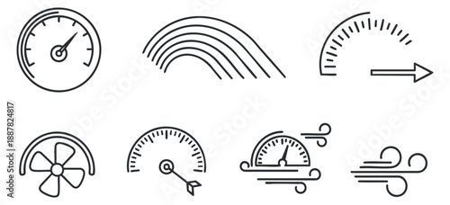 A collection of speed and wind indicators in minimalist outline vector style, suitable for technology and engineering projects