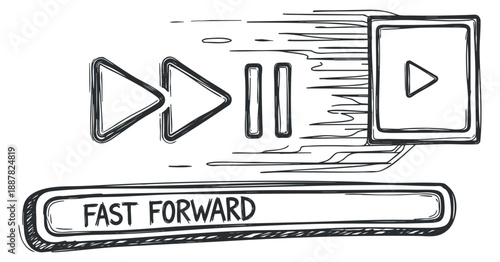 A set of fast forward, play, and pause media control buttons in a hand-drawn sketch style, suitable for digital applications