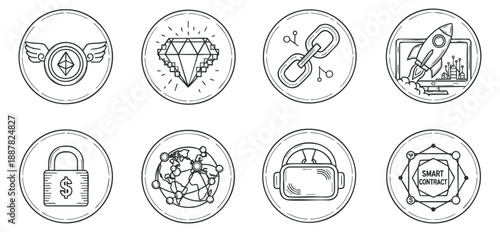 A set of nine cryptocurrency and technology icons in minimalist outline vector style, suitable for digital finance projects