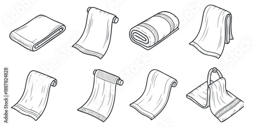 A set of various towel illustrations in outline vector style, perfect for spa and wellness branding