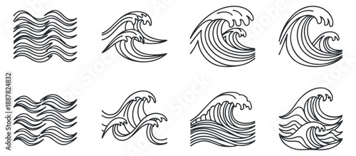 A collection of wave illustrations in minimalist line art style, perfect for ocean-themed designs and branding