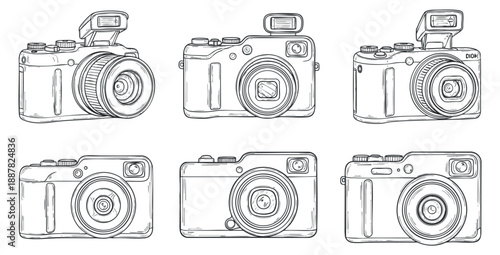 A collection of six outline vector cameras in various styles, ideal for photography-related designs and creative projects
