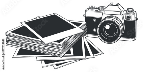 A vintage camera with a stack of blank photo prints in black and white outline vector style, ideal for photography-related design projects