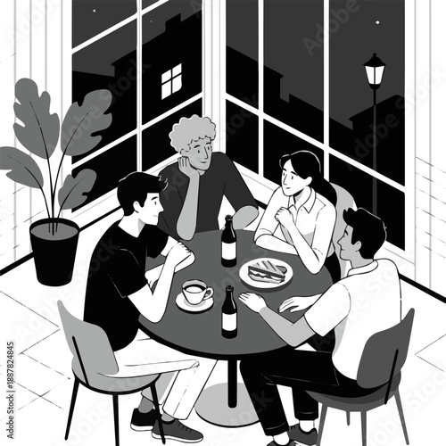 Create a realistic Group of three friends sitting in a cafeteria and drinking coffee and talking vector art  silhouette with white background.