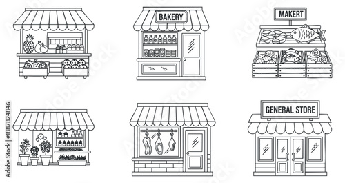 A collection of outline illustrations featuring various storefronts including a bakery, market, and general store in minimalist black and white vector style, suitable for retail design projects.