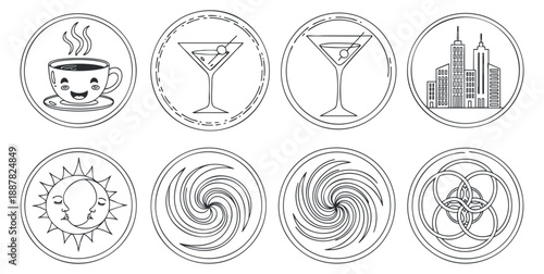 A set of outlined icons including a coffee cup, cocktail glass, city skyline, sun, and swirling patterns in minimalist vector style, ideal for creative projects and branding