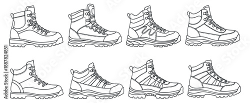 A collection of various hiking boots in black and white outline vector style, suitable for outdoor gear branding and illustrations