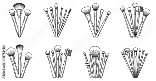 A collection of various makeup brushes in black and white outline vector style, ideal for beauty and cosmetic design