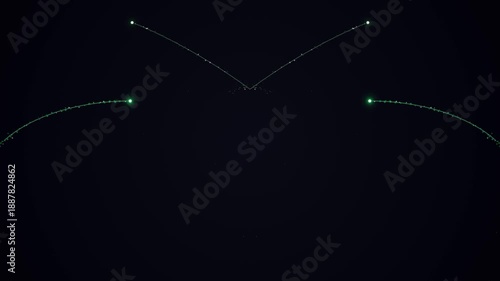 Green Laser Beams Moving in Curved Patterns Against Black Background