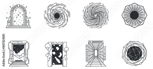 A collection of eight abstract portal designs in black and white minimalist vector style, suitable for fantasy and sci-fi projects