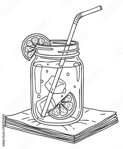 A mason jar filled with lemonade, ice cubes, and lemon slices in a black and white outline vector style, perfect for summer drink menus
