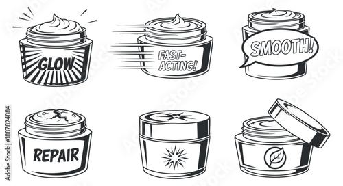 A collection of skincare cream jars with labels like 'Glow', 'Repair', 'Fast-Acting', and 'Smooth' in outline vector style, suitable for beauty branding and packaging