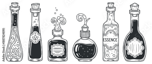 A collection of vintage glass bottles with various shapes and labels in black and white vector style, suitable for branding and packaging designs
