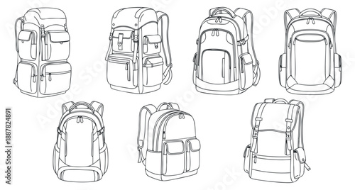 A collection of various backpack designs in clean line art style, suitable for outdoor activities and travel branding
