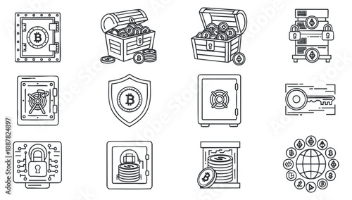 A collection of cryptocurrency icons featuring bitcoin, vaults, and security symbols in minimalist line art style, suitable for finance and tech projects