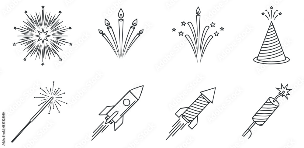 Obraz premium A collection of fireworks, rockets, and party hats in black and white outline vector style, suitable for celebration and event designs