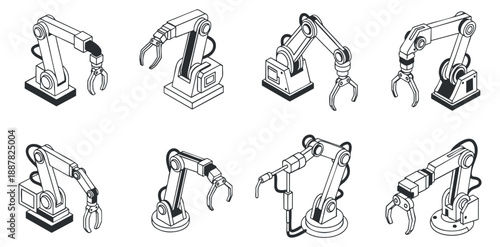 A set of robotic arm illustrations with grippers in black and white outline vector style, suitable for technology and engineering projects