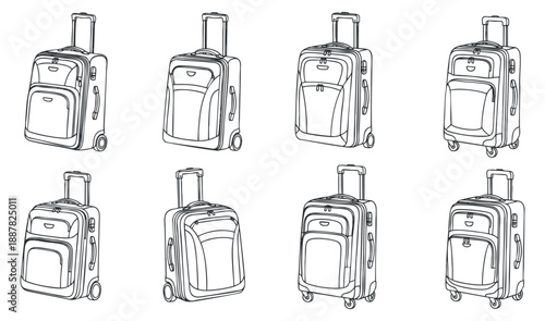 A collection of various wheeled suitcases in black and white outline vector style, ideal for travel-related projects and designs