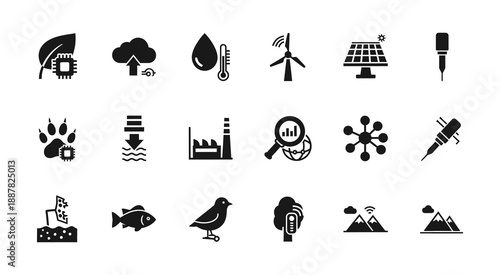 Essential black icons illustrating environmental sustainability, renewable energy, climate change, industrial impact, and technological advancements for a greener future