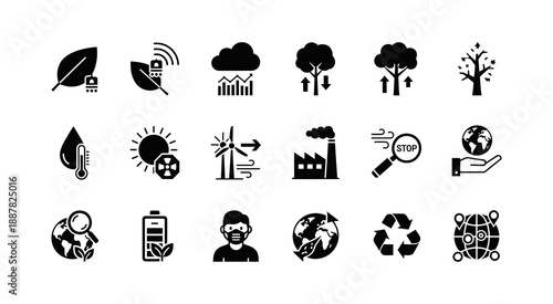 Diverse vector icons representing environmental sustainability, climate change, renewable energy, and ecological issues. Perfect for green initiatives and promoting a healthier planet