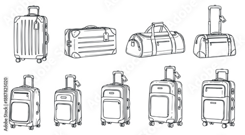 A collection of various luggage types including suitcases and duffle bags in minimalist outline vector style, ideal for travel-related designs