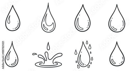A collection of water drop icons in outline vector style, ideal for environmental and hygiene design projects