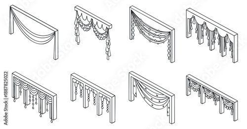 A collection of elegant curtain designs in minimalist outline vector style, ideal for interior design projects and home decor