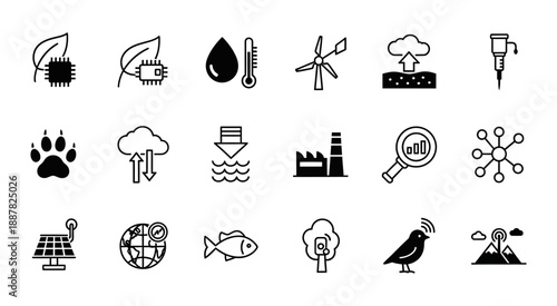 Extensive collection of smart technology and environmental monitoring line icons, symbolizing sustainability, data analytics, green energy, and nature conservation for modern applications