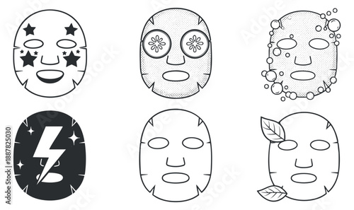 A set of facial mask icons featuring various designs in outline minimalist vector style, ideal for beauty and wellness branding