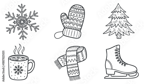 A collection of winter-themed icons including a snowflake, mittens, a hot drink, a scarf, a Christmas tree, and an ice skate in minimalist outline vector style, perfect for seasonal design projects