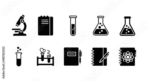 Comprehensive set of scientific laboratory and study icons, illustrating key concepts of research, education, and discovery with essential equipment and academic stationery items