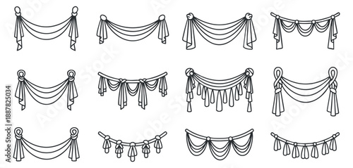 A collection of decorative ribbons and garlands in black and white outline vector style, ideal for festive events and design projects