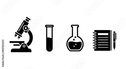 Essential scientific research and educational tools presented as a versatile black silhouette icon set, perfect for academic and laboratory-themed designs