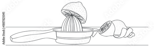 A lemon juicer with a lemon half and zest in black and white outline vector style, ideal for kitchen and cooking designs