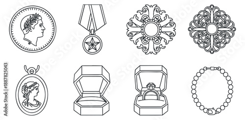 A collection of vintage jewelry and medals in black and white outline vector style, perfect for fashion design and branding