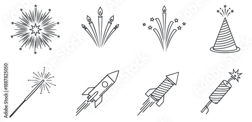 A collection of fireworks, rockets, and party hats in black and white outline vector style, suitable for celebration and event designs