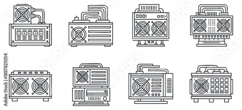 A set of industrial cooling and heating machines in clean outline vector style, perfect for technical illustrations and engineering designs