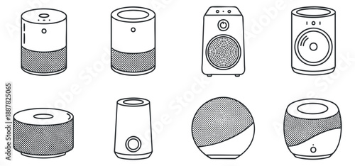 A collection of various speaker designs in minimalist black outline vector style, suitable for tech and audio-related projects