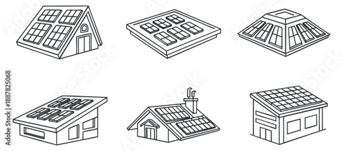 A collection of six house designs featuring solar panels on roofs in clean outline vector style, suitable for eco-friendly architecture projects