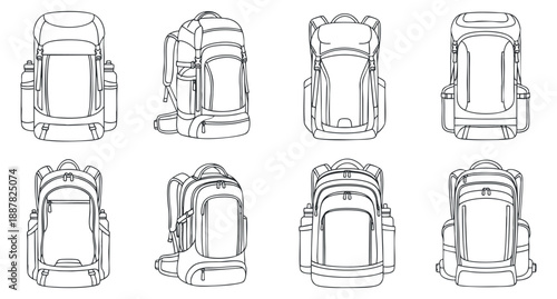A collection of various backpack designs in clean outline vector style, ideal for outdoor and travel-related branding