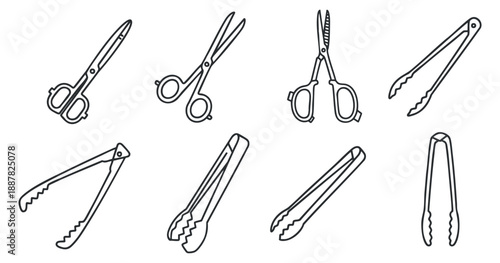 A collection of various scissors and tongs in black and white outline vector style, ideal for kitchen and crafting designs