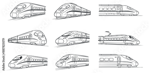 A collection of various high-speed train designs in clean outline vector style, perfect for transportation graphics and urban design projects