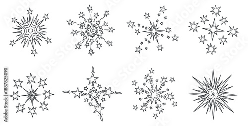A collection of eight decorative star and snowflake outlines in minimalist vector style, perfect for winter-themed designs and holiday decorations