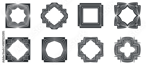 A collection of eight decorative geometric frames in black and white outline vector style, ideal for graphic design and artistic projects