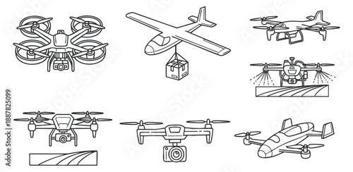 A collection of various drone illustrations, including quadcopters, fixed-wing drones, and delivery models in minimalist outline vector style, suitable for technology and innovation projects