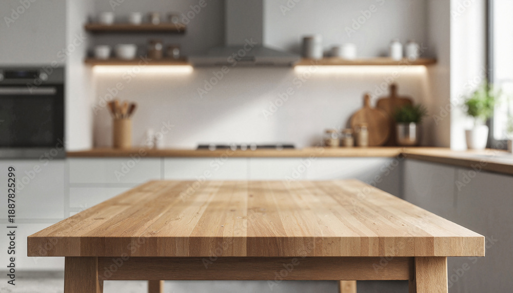 Fototapeta premium Modern Minimalist Kitchen Island with Wooden Tabletop