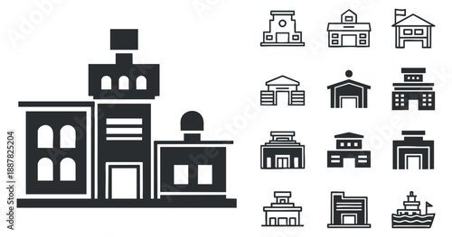 A collection of various building icons including houses, warehouses, and skyscrapers in black and white outline vector style, suitable for urban design projects