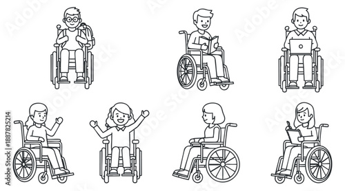 A collection of six wheelchair user characters in minimal line art style, suitable for promoting accessibility and inclusivity in design