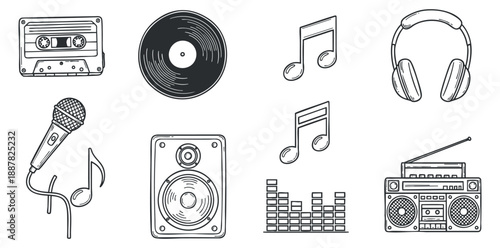 A collection of music-related icons including a microphone, cassette tape, vinyl record, notes, and headphones in black and white vector style, perfect for audio and entertainment projects